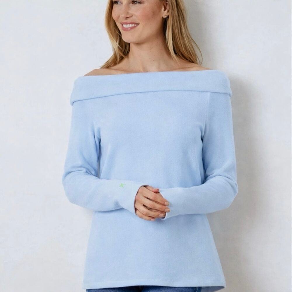 NWT DUDLEY STEPHENS Ocean Ave Pullover Off Shoulder Baby Blue Fleece Sweater